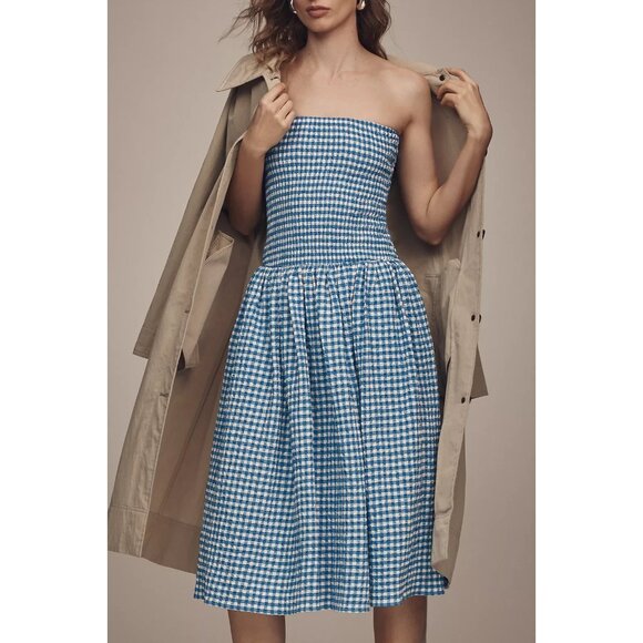 Maeve Strapless Smocked Blue Plaid Gingham Midi Dress M - Picture 3 of 4